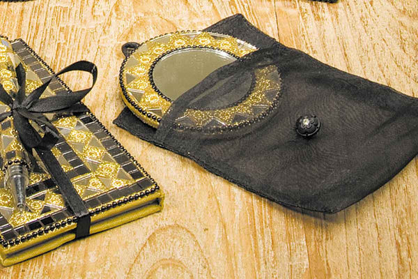 Fair Trade Black & Gold Embroidered Beaded Pocket Mirror