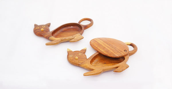 Fair Trade wooden cat coin and keys dish