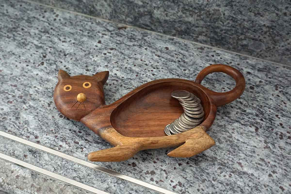 Fair Trade wooden cat coin and keys dish