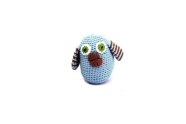 Fair trade crochet blue owl baby rattle