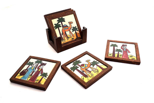 Fair Trade hand painted wooden and ceramic coaster set